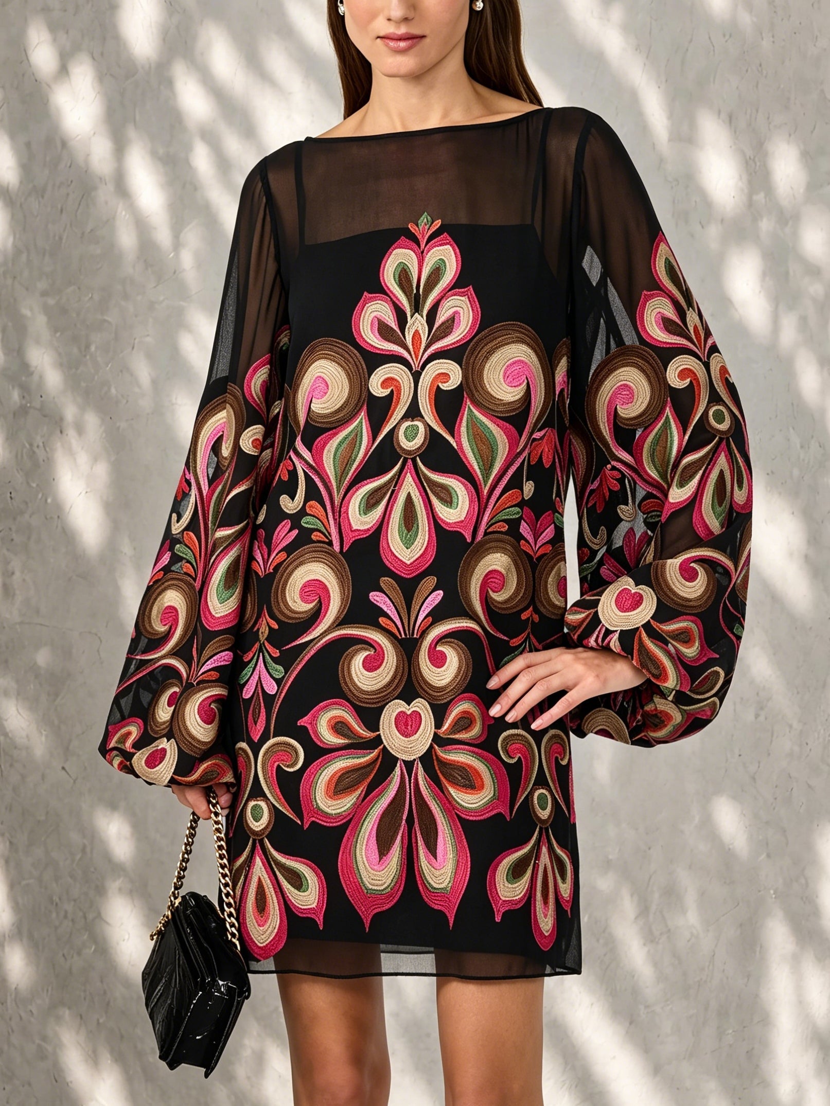 Black Floral Print Lantern Sleeve Boat Neck Chiffon Mini Dress