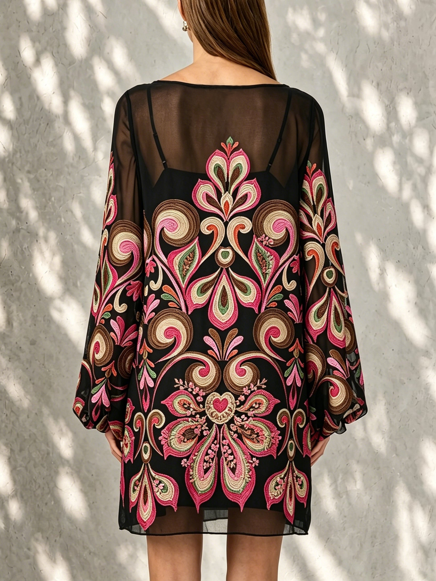 Black Floral Print Lantern Sleeve Boat Neck Chiffon Mini Dress