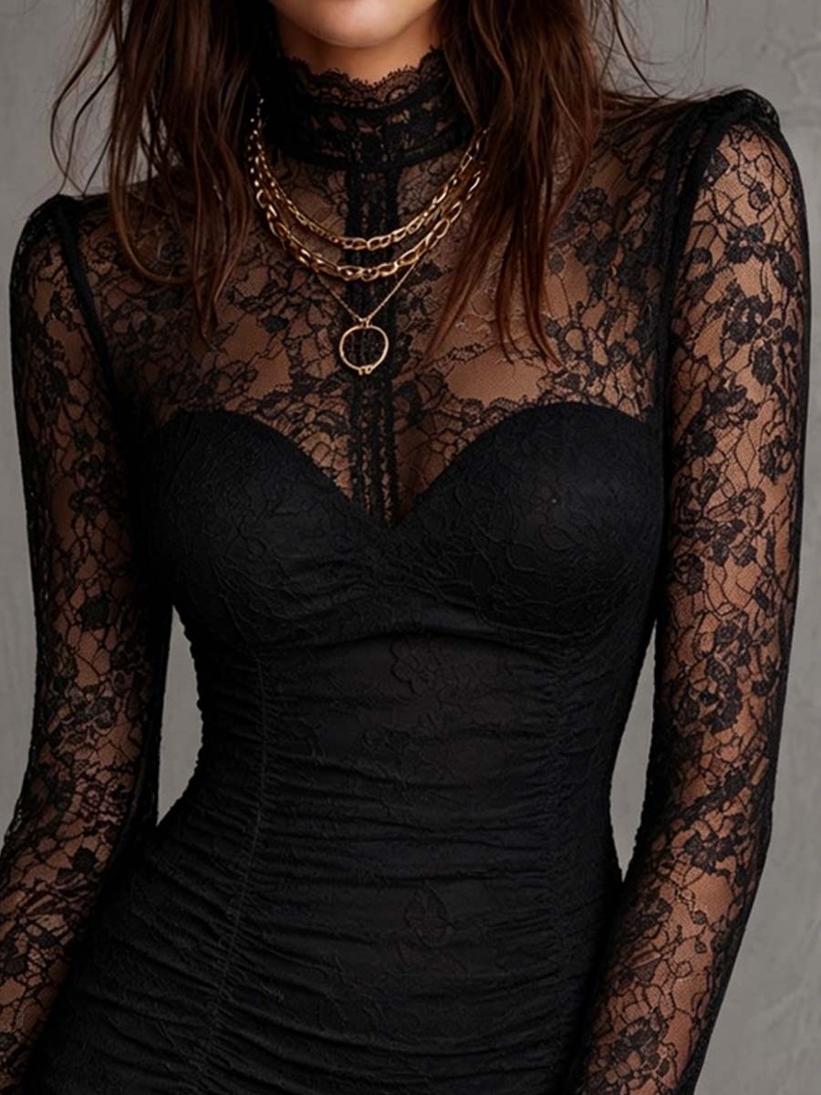 Black Floral Lace-trimmed Pleated Mini Dress