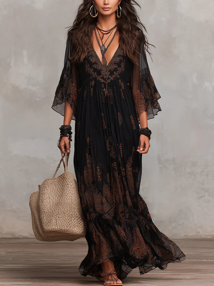 Black V-neck Three-quarter Sleeve Floral Print Chiffon Maxi Dress