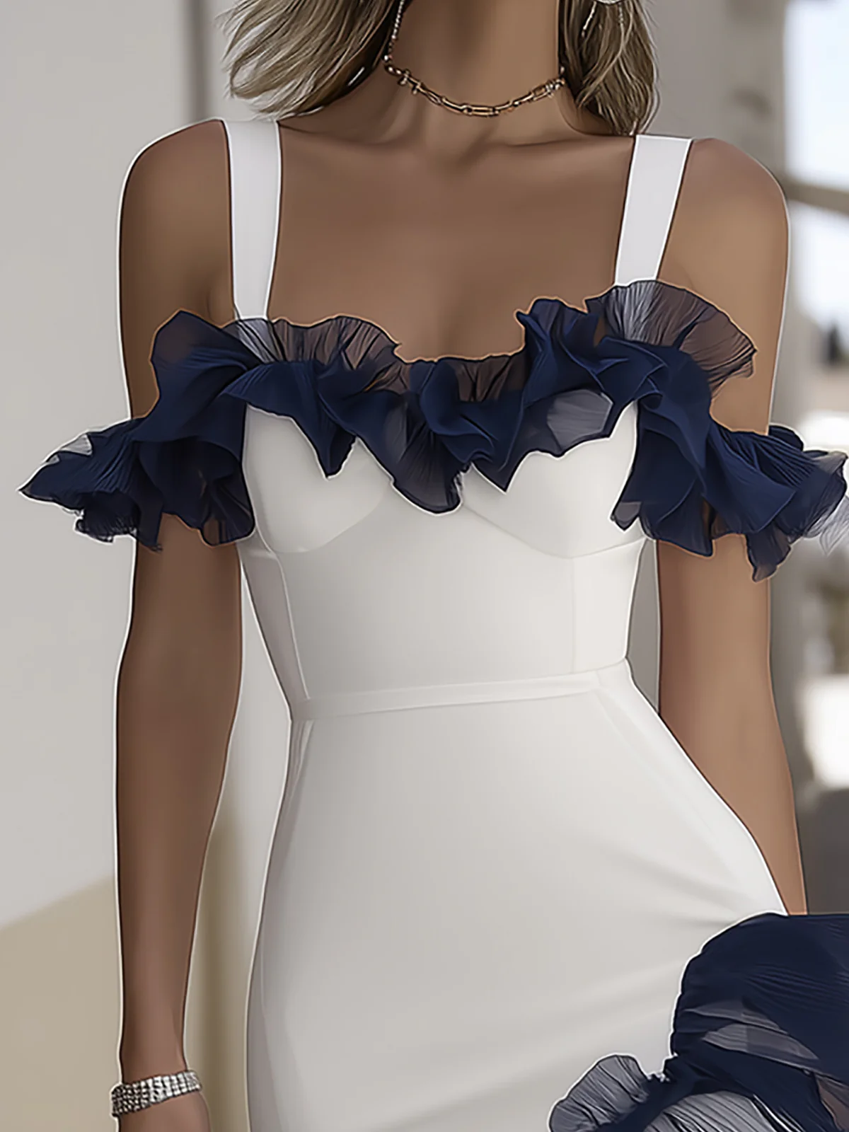 White And Navy Blue Chiffon Ruffled Spaghetti Strap Mini Dress