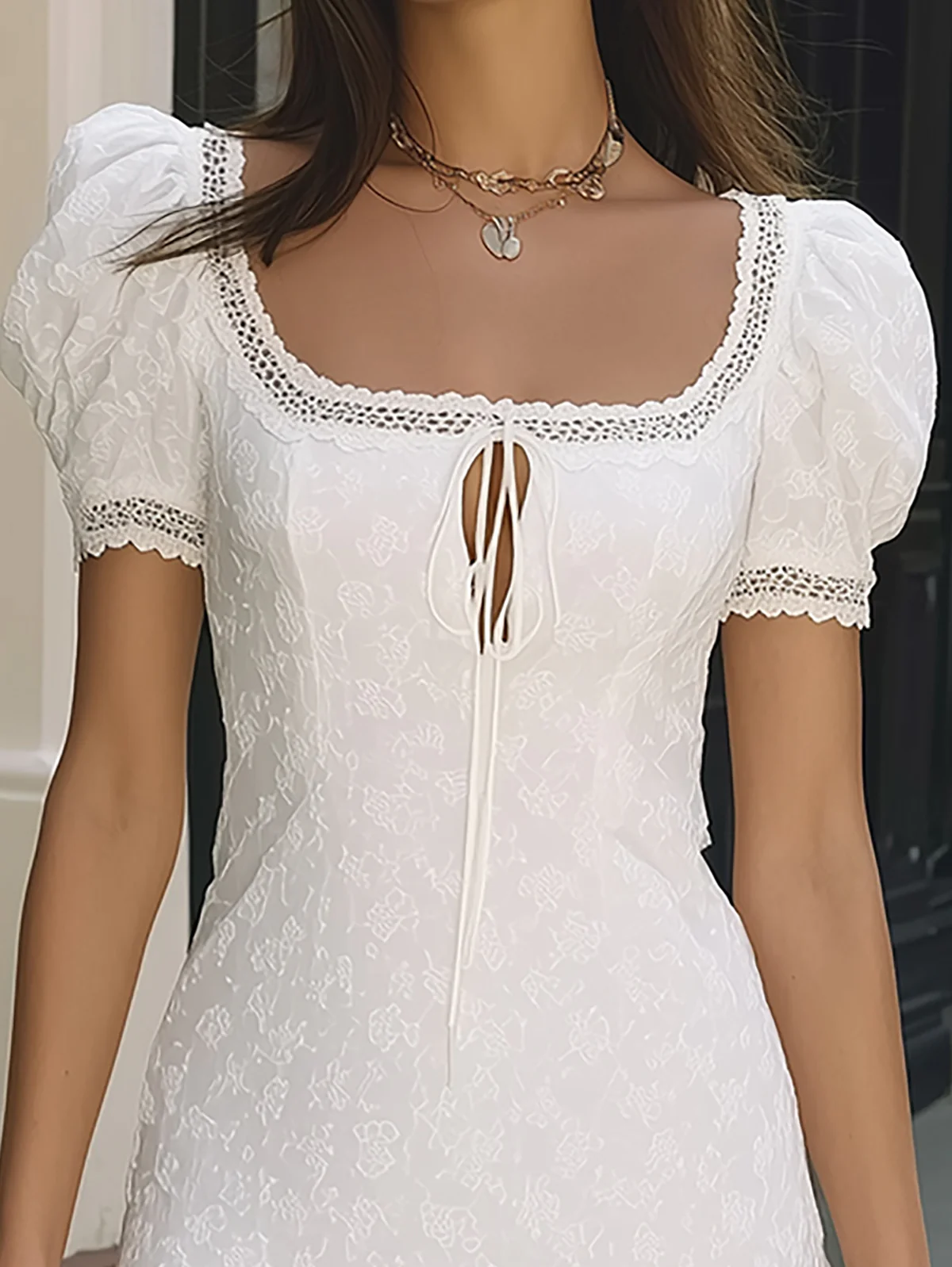 White Square Neckline Floral Textured Puff Sleeve Mini Dress