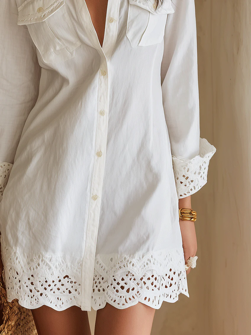 White Openwork Lace Shirt And Loose Mini Dress