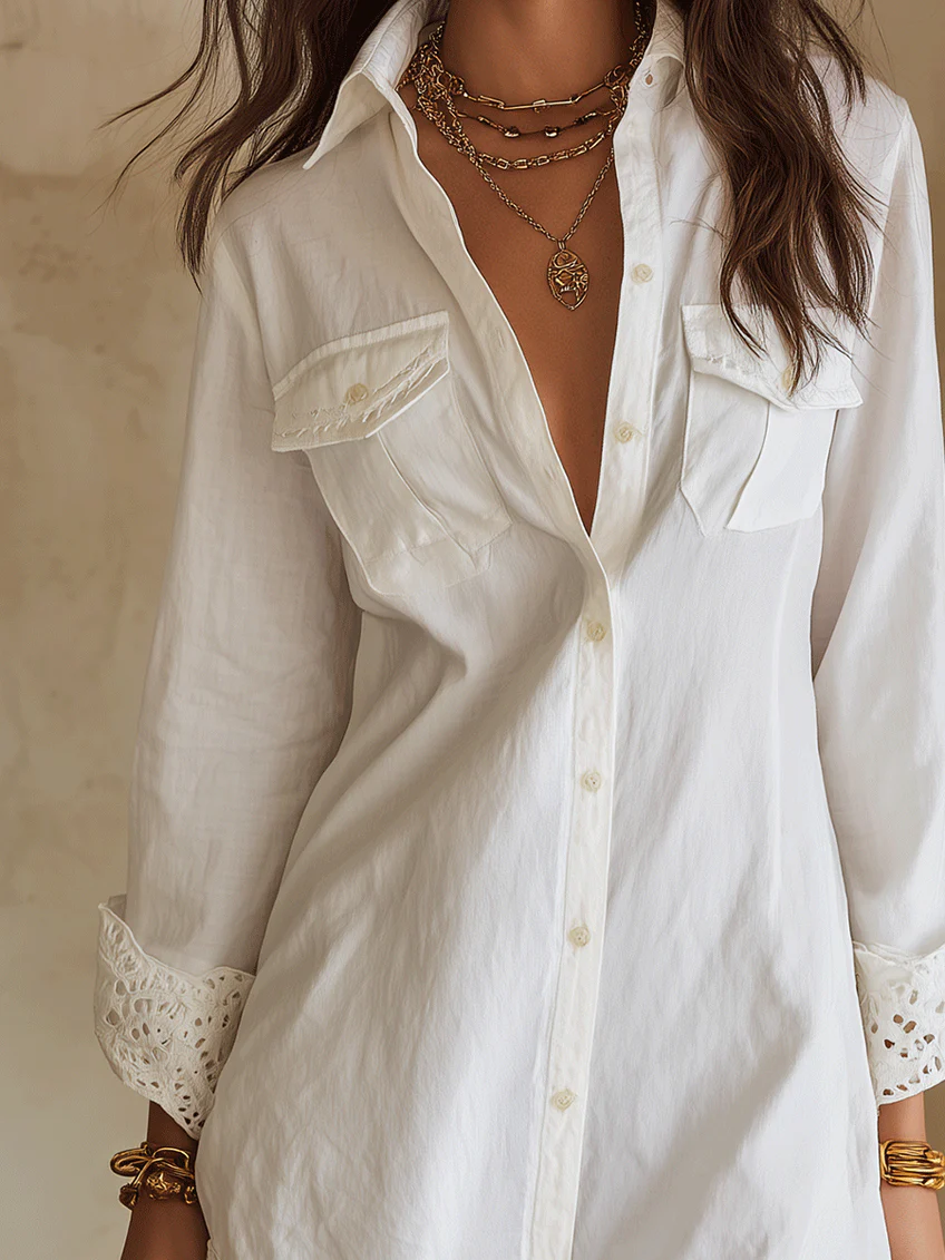 White Openwork Lace Shirt And Loose Mini Dress