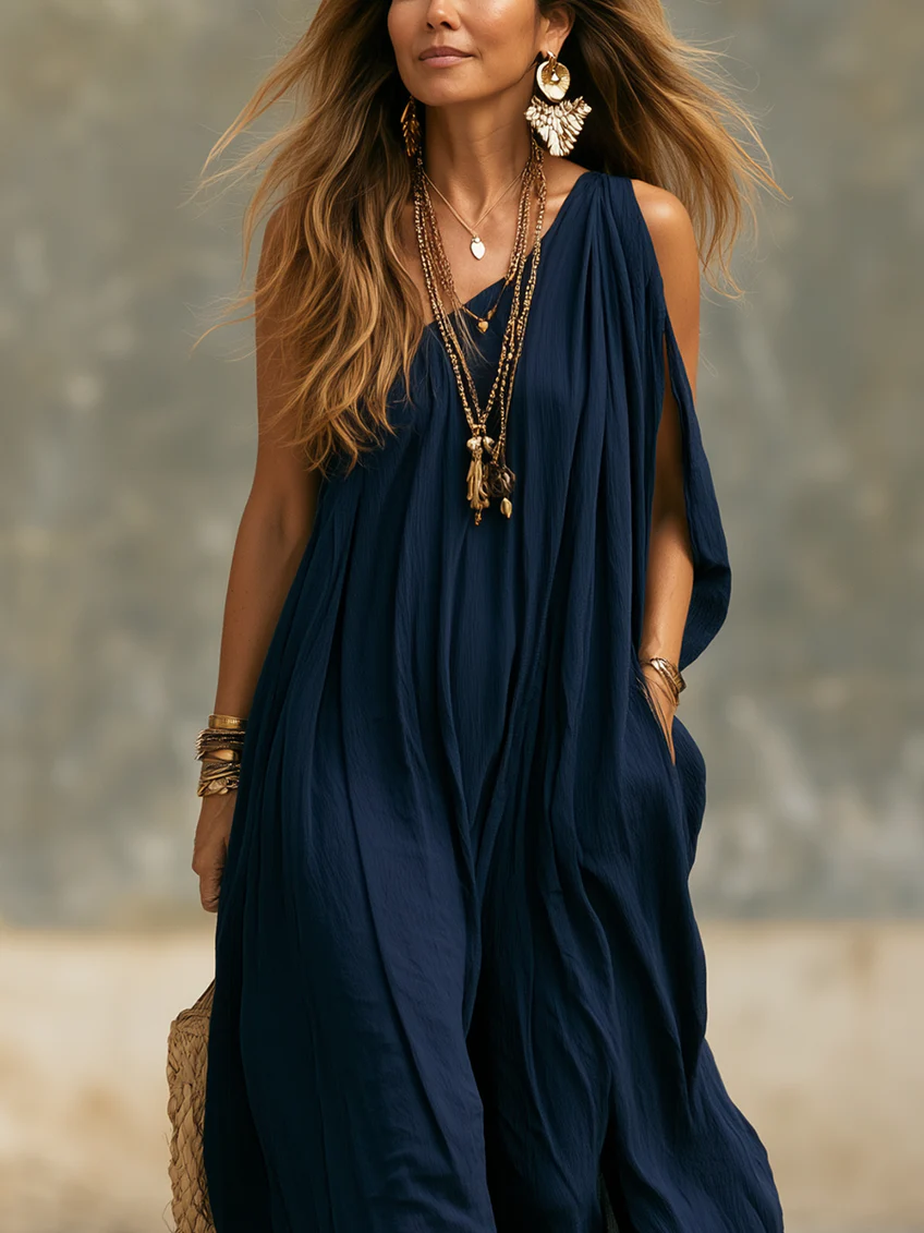 Bohemian Navy Blue Asymmetrical Off-shoulder Maxi Dress