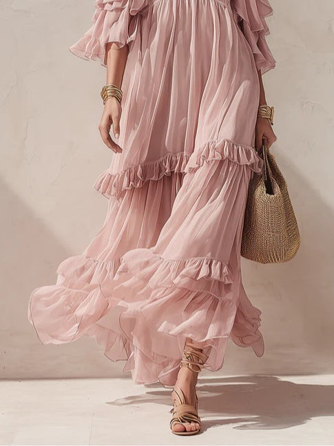 Romantic Pink Off-shoulder Layered Ruffle Flowing Maxi Dress