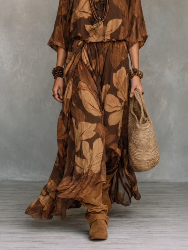 Leaf And Plant Print V-neck Top Paired With A Flowy Skirt Set