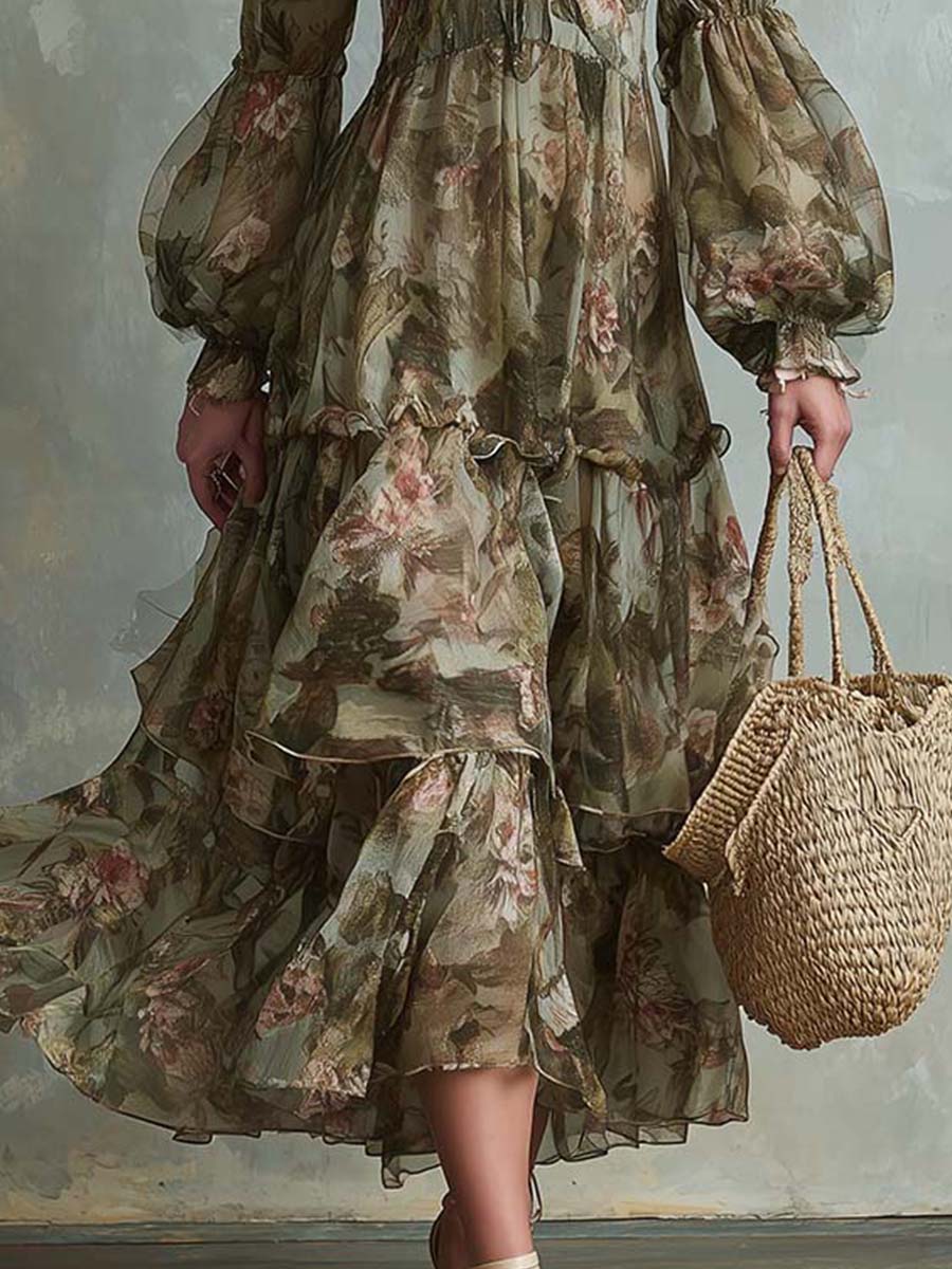 Vintage Green Floral Chiffon Lantern Sleeve Layered Midi Dress