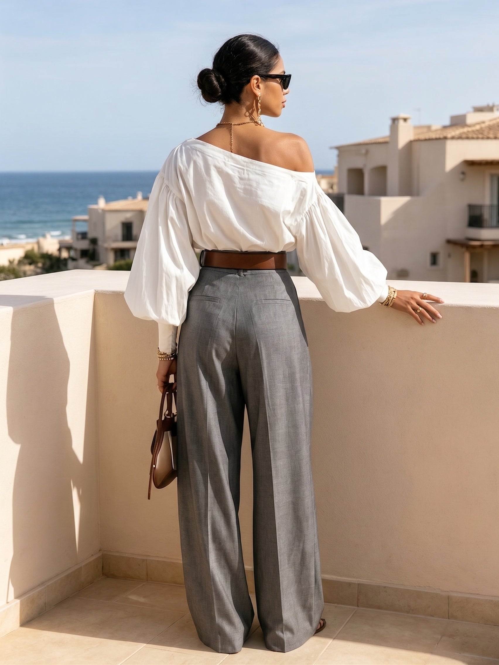 White Puff-sleeved Off-shoulder Top And Gray High-waisted Wide-leg Pants Suit(with belt)