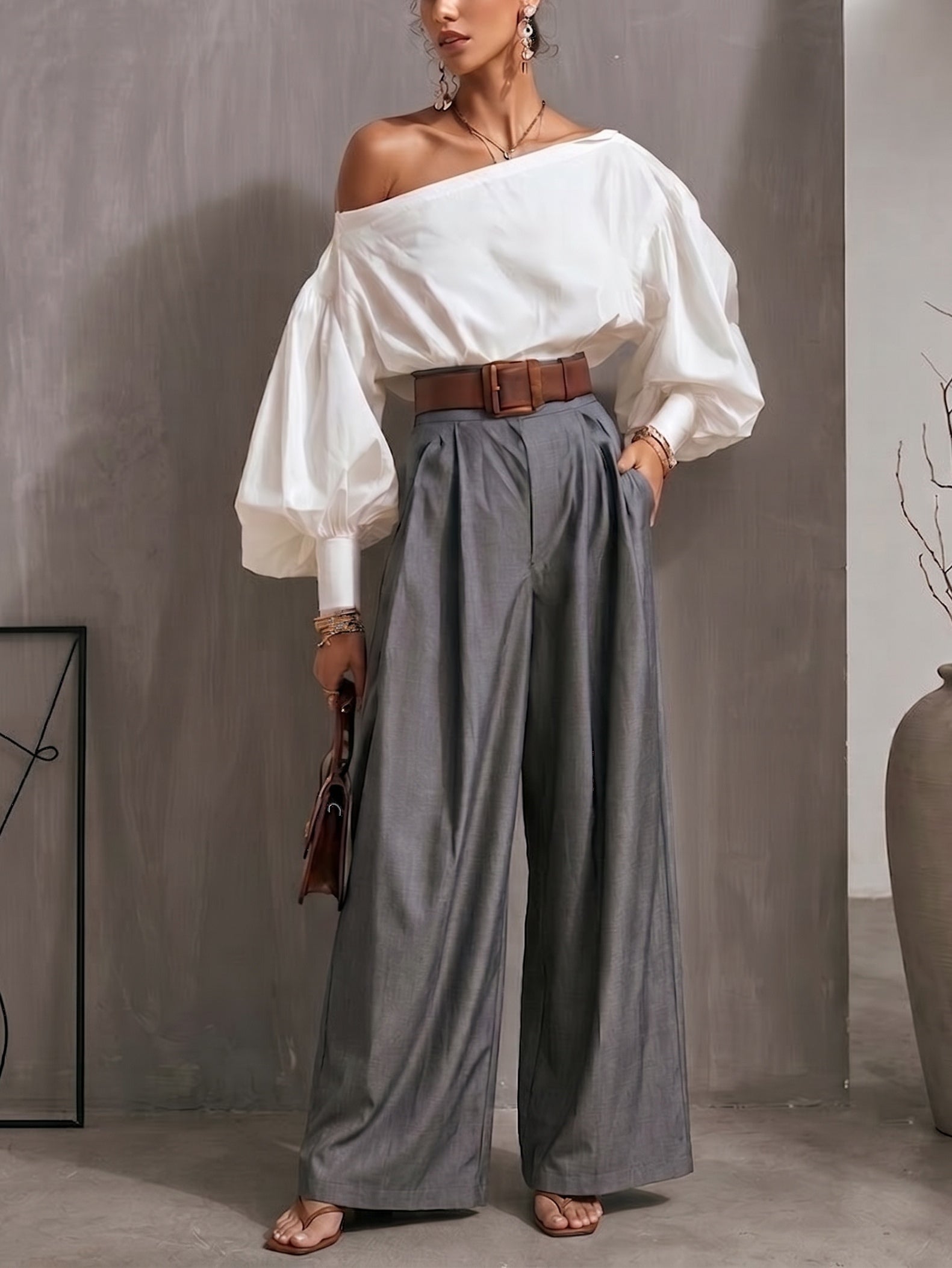 White Puff-sleeved Off-shoulder Top And Gray High-waisted Wide-leg Pants Suit(with belt)