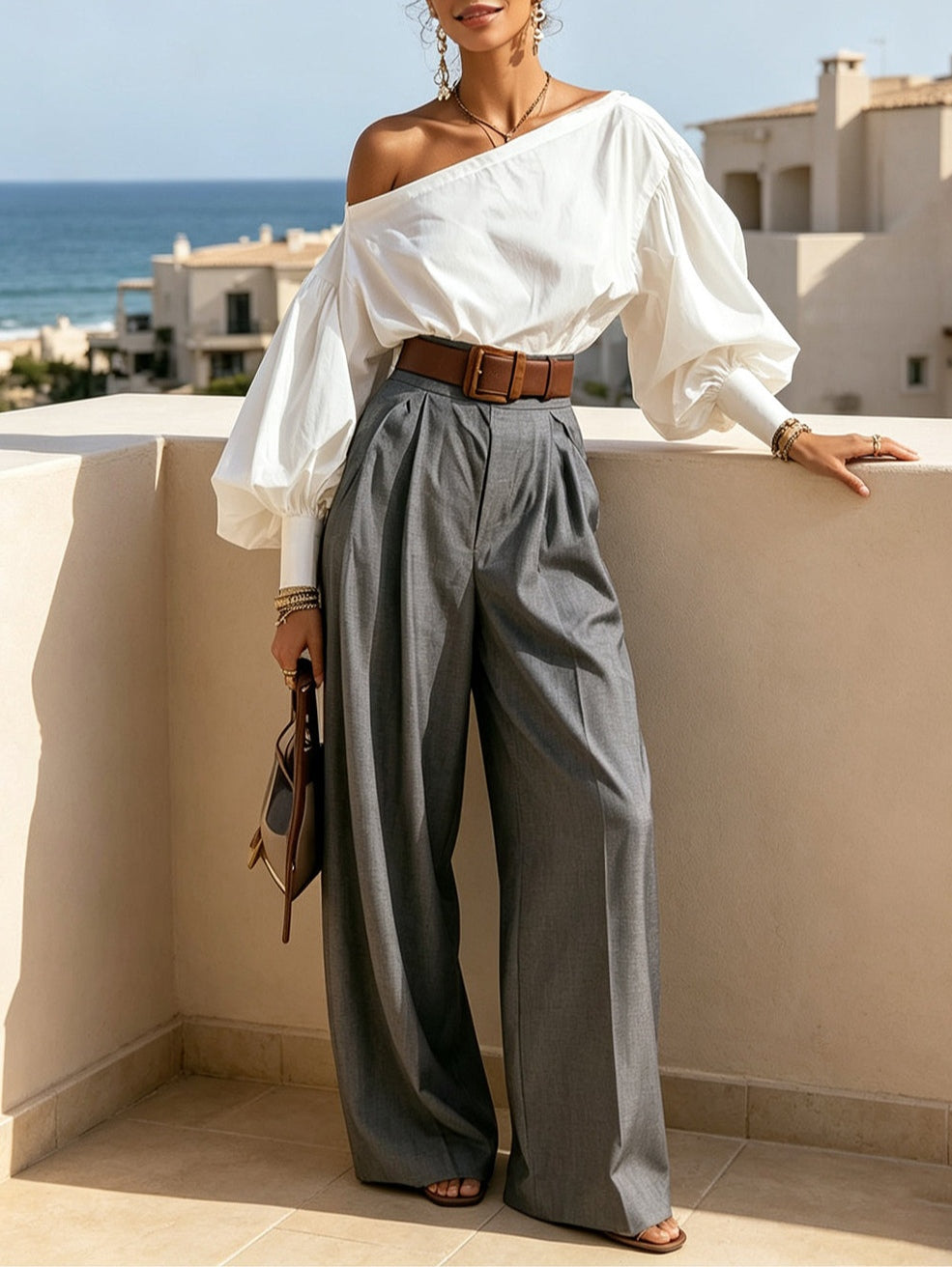 White Puff-sleeved Off-shoulder Top And Gray High-waisted Wide-leg Pants Suit(with belt)