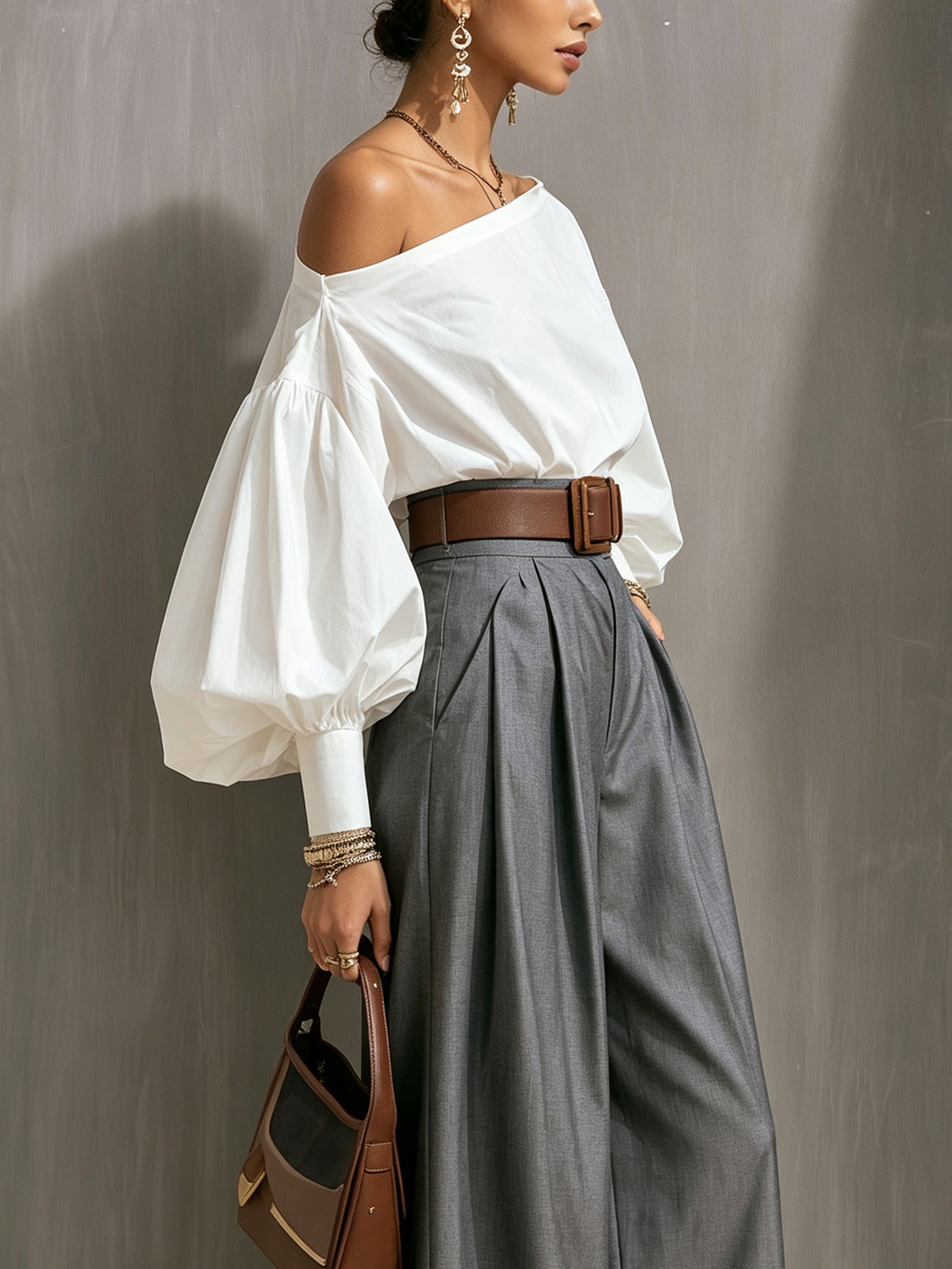 White Puff-sleeved Off-shoulder Top And Gray High-waisted Wide-leg Pants Suit(with belt)