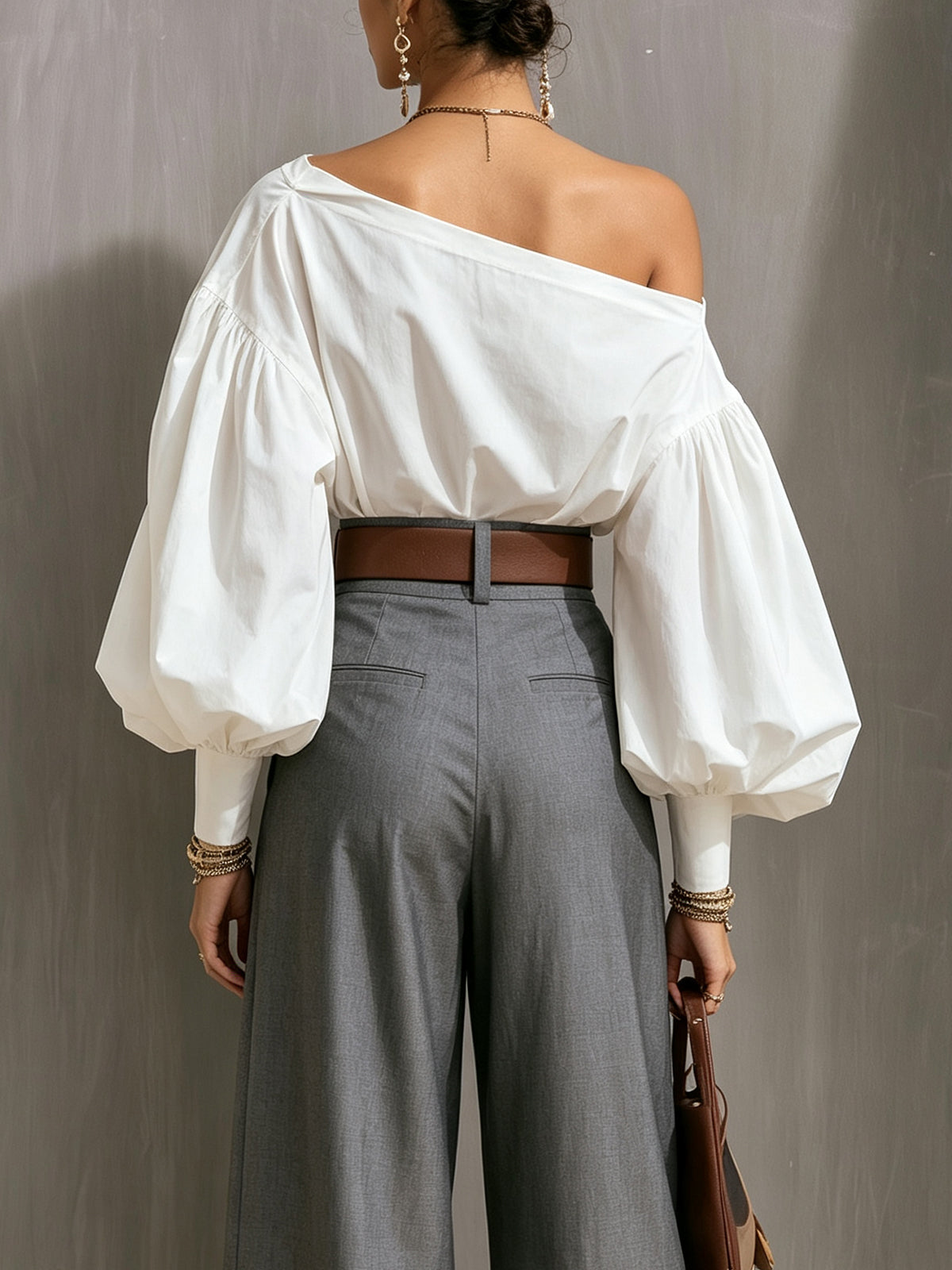 White Puff-sleeved Off-shoulder Top And Gray High-waisted Wide-leg Pants Suit(with belt)