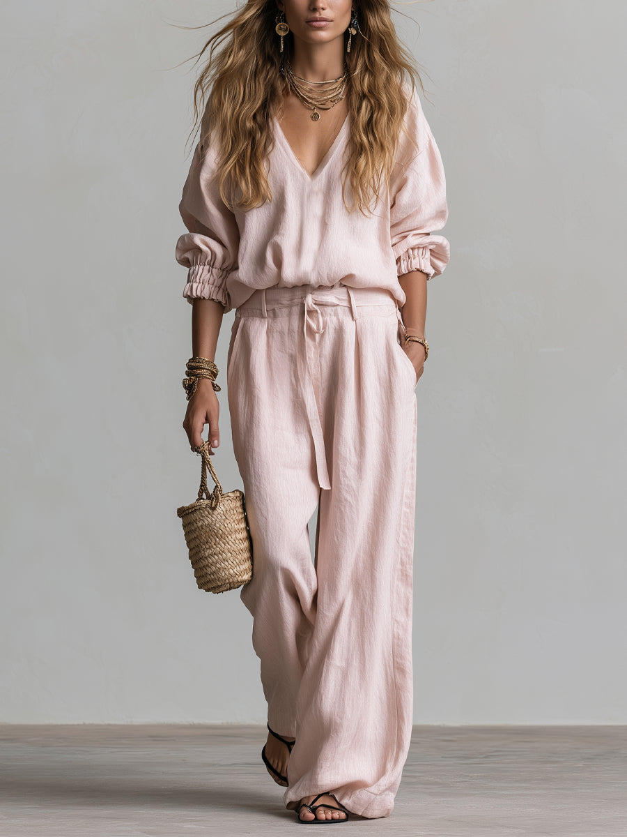 Pink V-neck Loose Shirt And High-waisted Wide-leg Pants Set