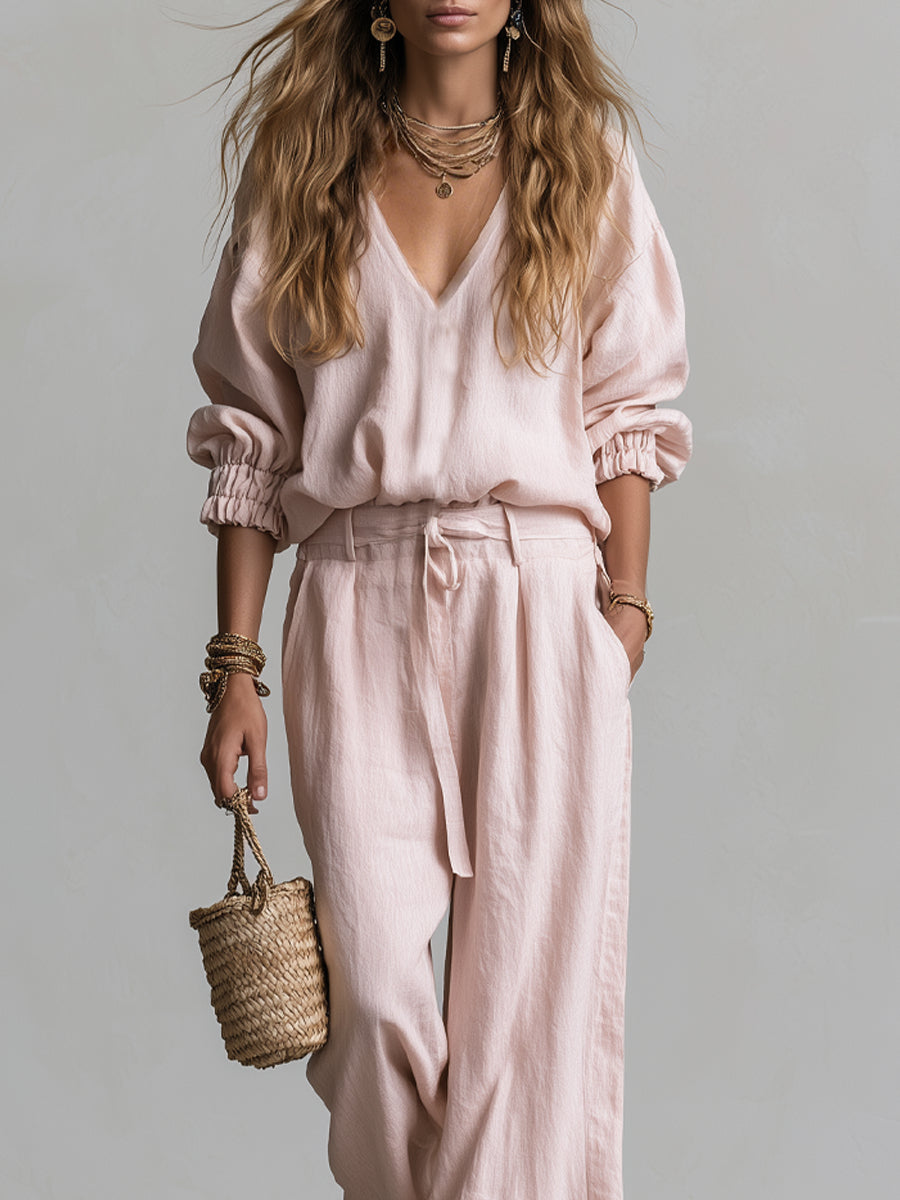 Pink V-neck Loose Shirt And High-waisted Wide-leg Pants Set
