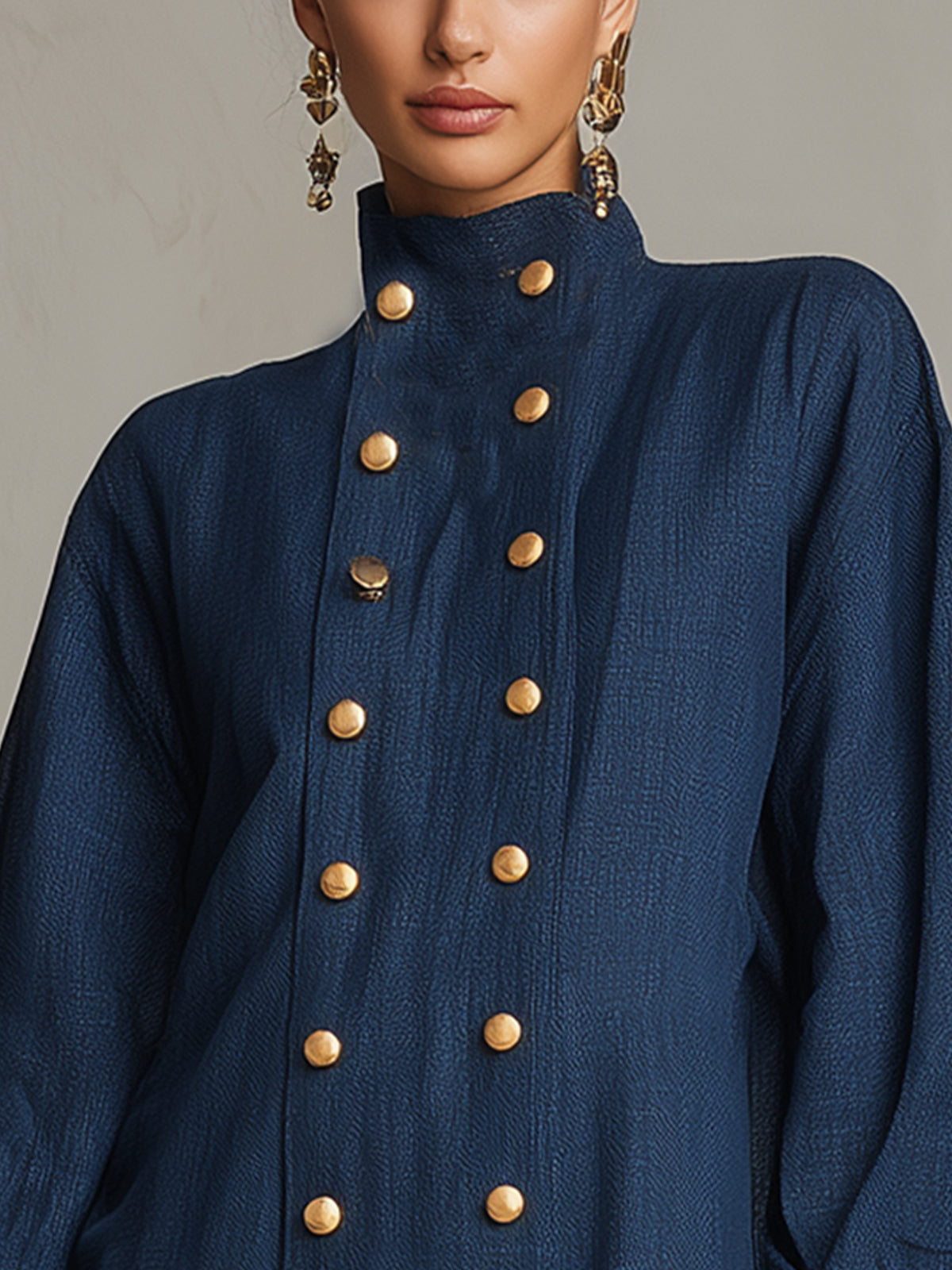 Navy Blue Turtleneck Button Lace Ruffled Hem Mini Dress