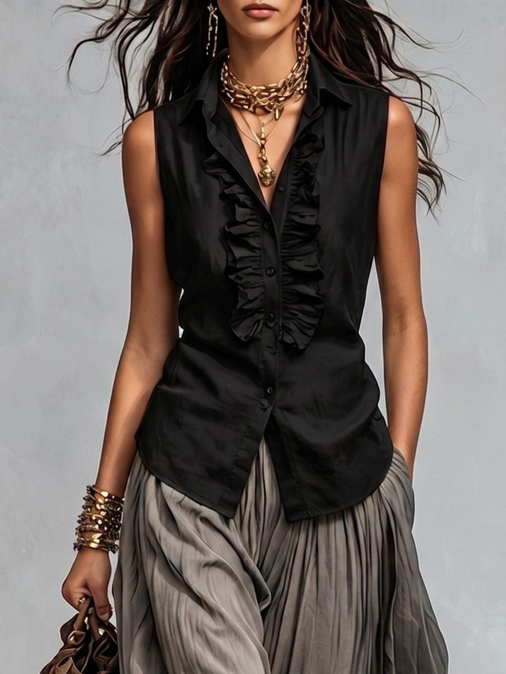 Black Sleeveless Ruffled Blouse And Gray Wide-leg Pants Suit