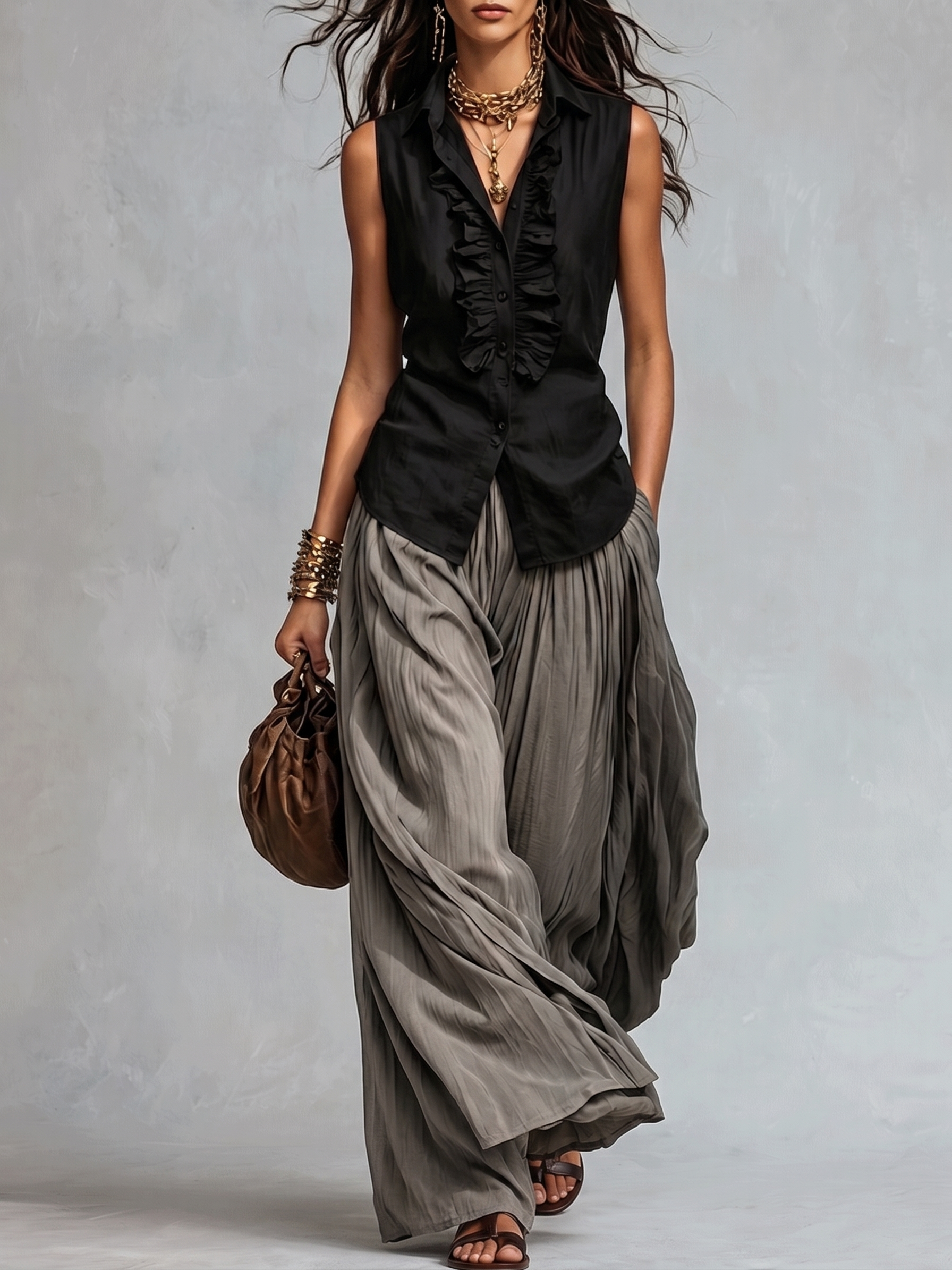 Black Sleeveless Ruffled Blouse And Gray Wide-leg Pants Suit