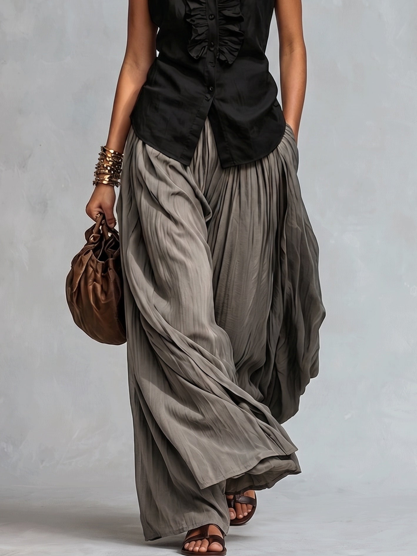 Black Sleeveless Ruffled Blouse And Gray Wide-leg Pants Suit