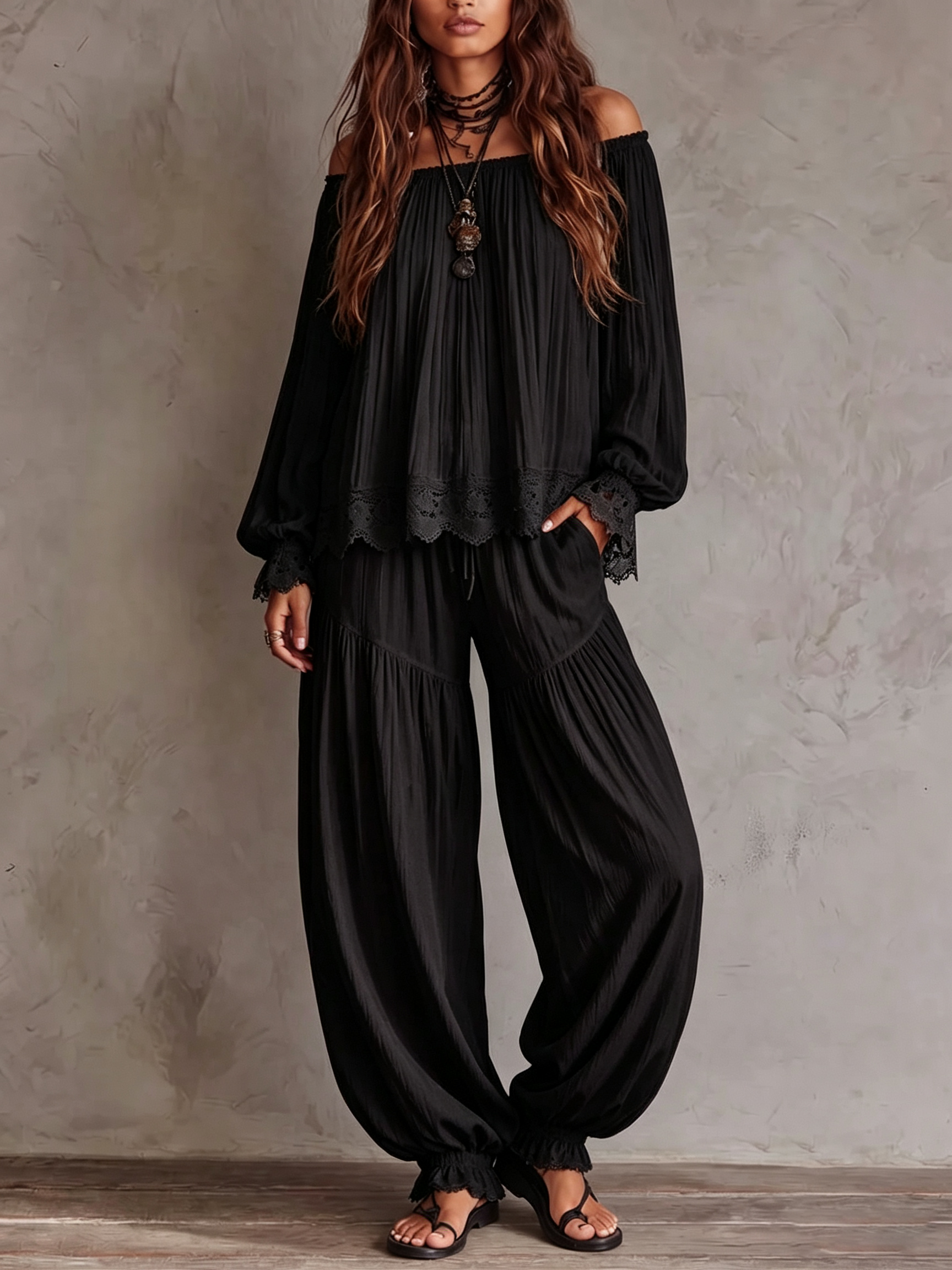 Black Off-shoulder Lace-trimmed Top And Harem Pants Two-piece Set