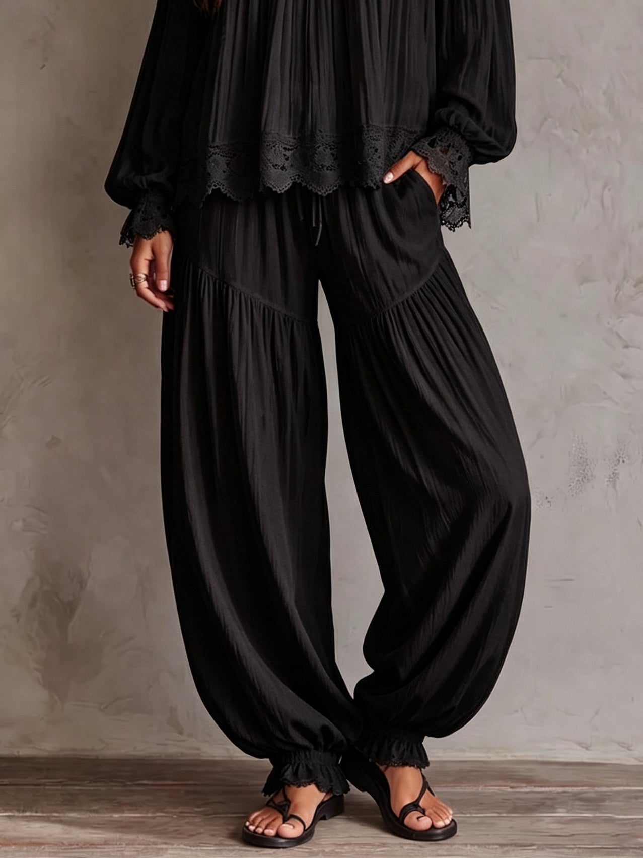 Black Off-shoulder Lace-trimmed Top And Harem Pants Two-piece Set