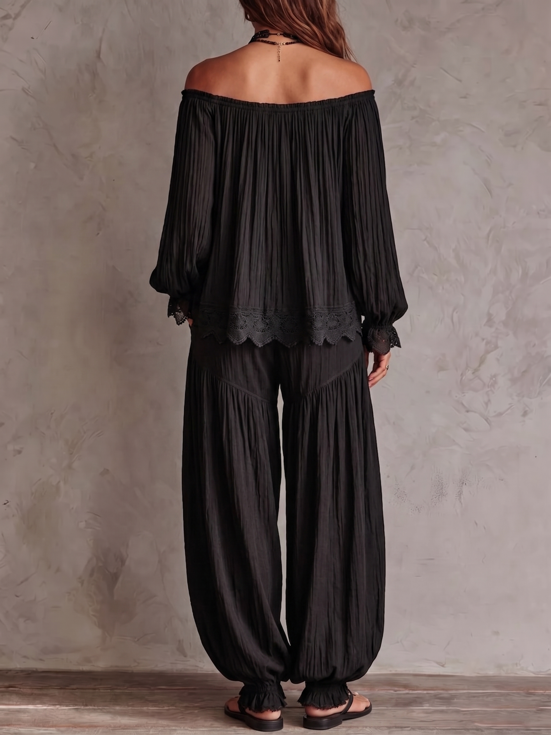 Black Off-shoulder Lace-trimmed Top And Harem Pants Two-piece Set