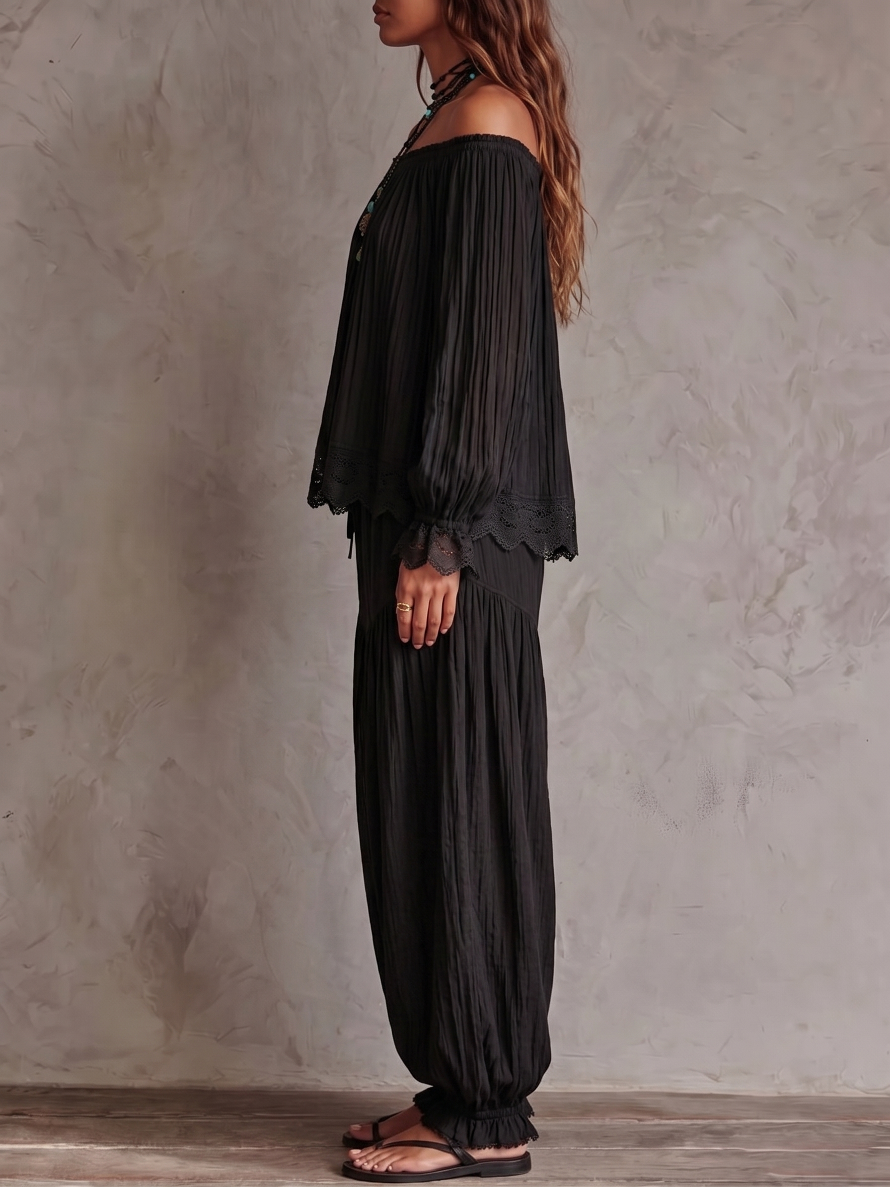 Black Off-shoulder Lace-trimmed Top And Harem Pants Two-piece Set