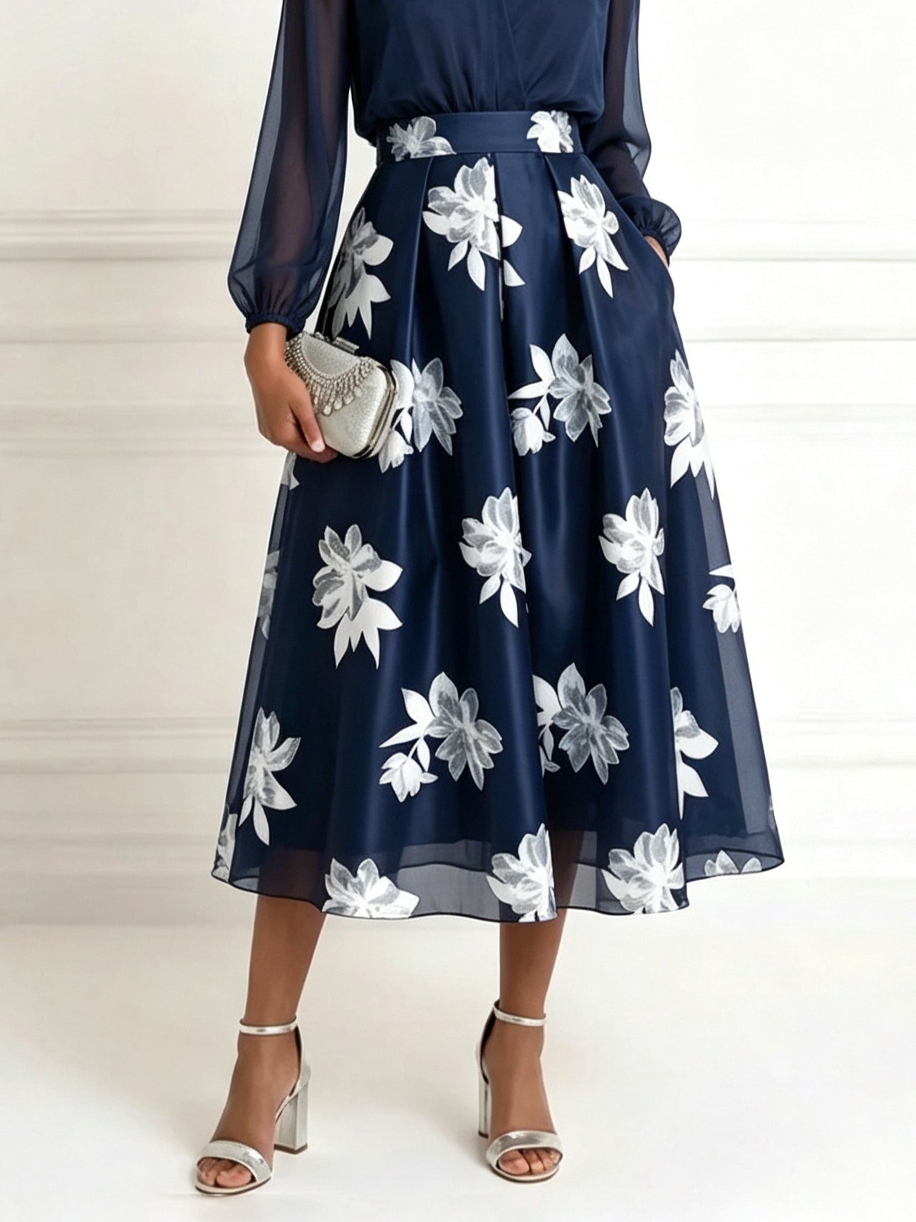 Navy Chiffon V-neck Top And High-waisted A-line Floral Skirt Set