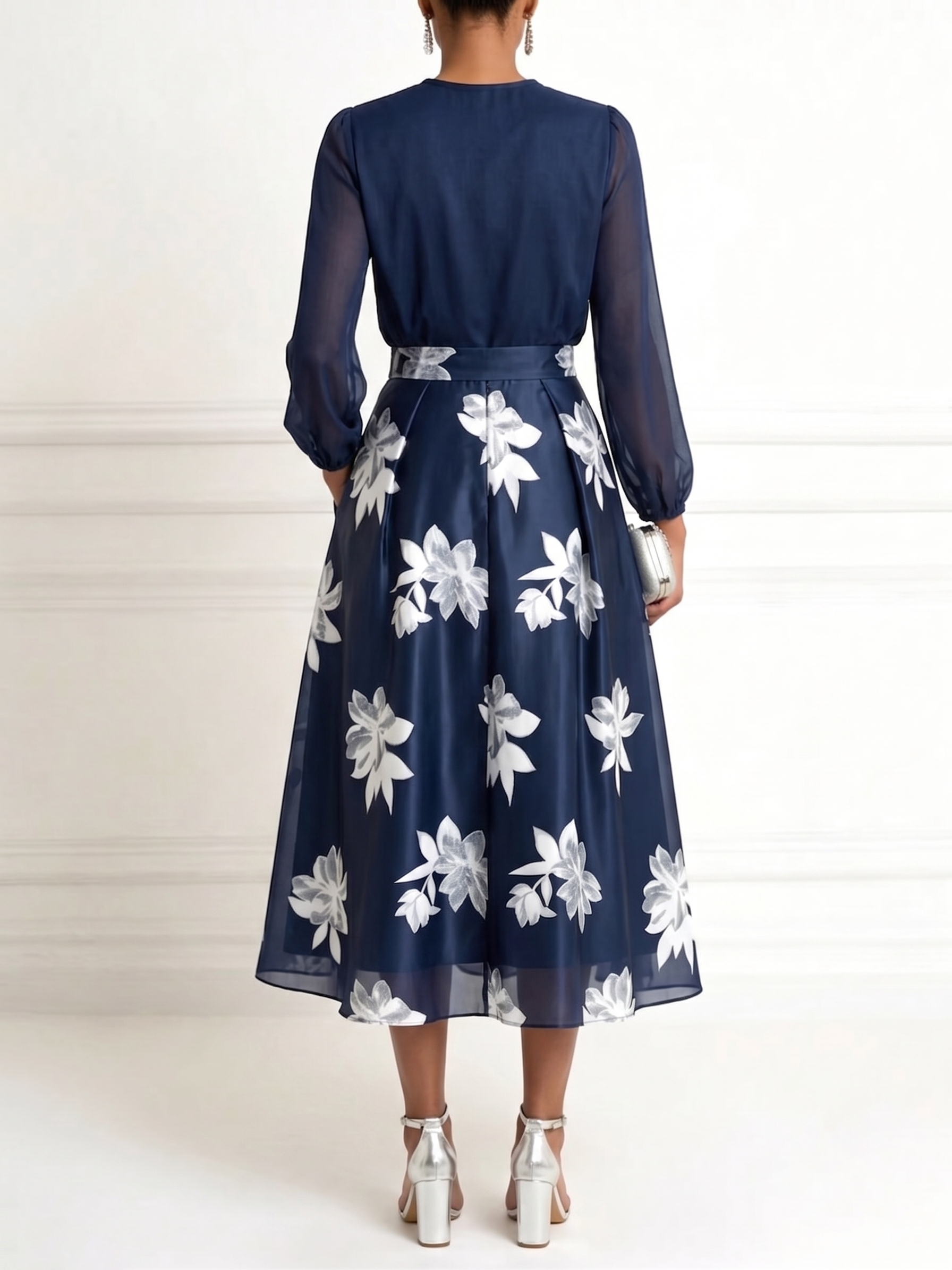 Navy Chiffon V-neck Top And High-waisted A-line Floral Skirt Set