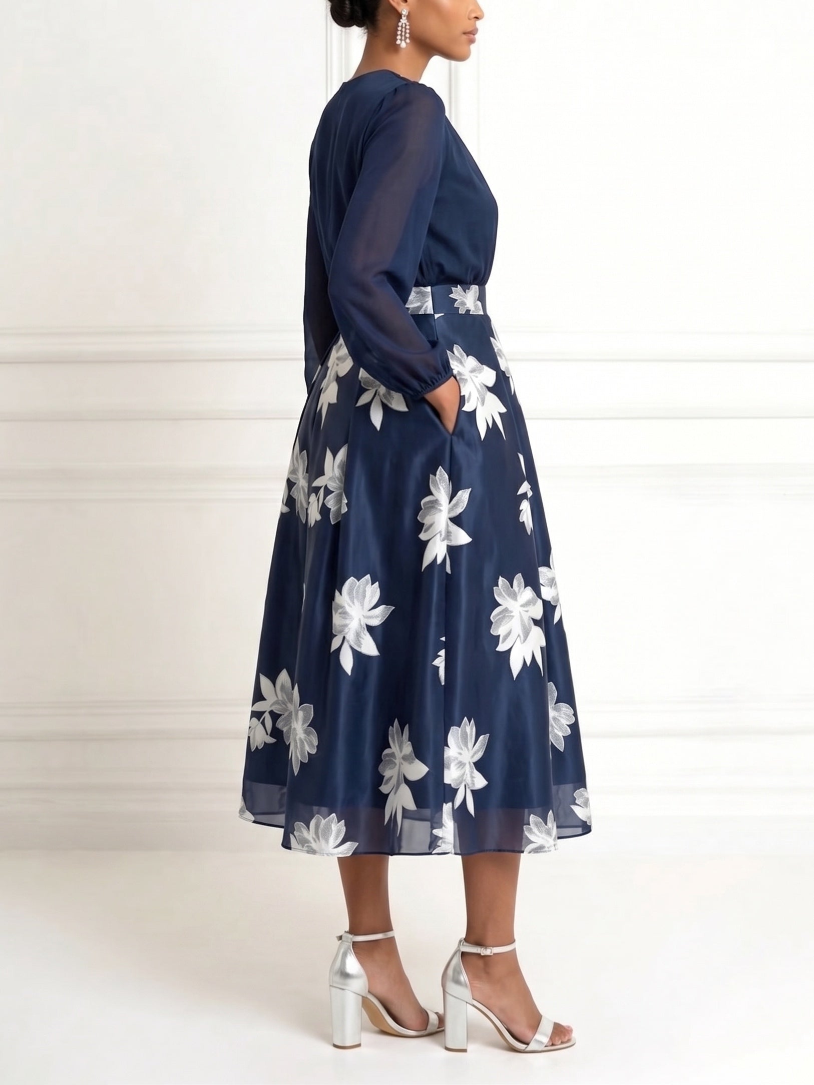 Navy Chiffon V-neck Top And High-waisted A-line Floral Skirt Set