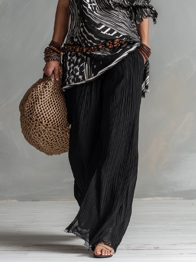 Off-the-shoulder Black White Printed Top And Black Pleated Wide-leg Pants Suit(without belt)