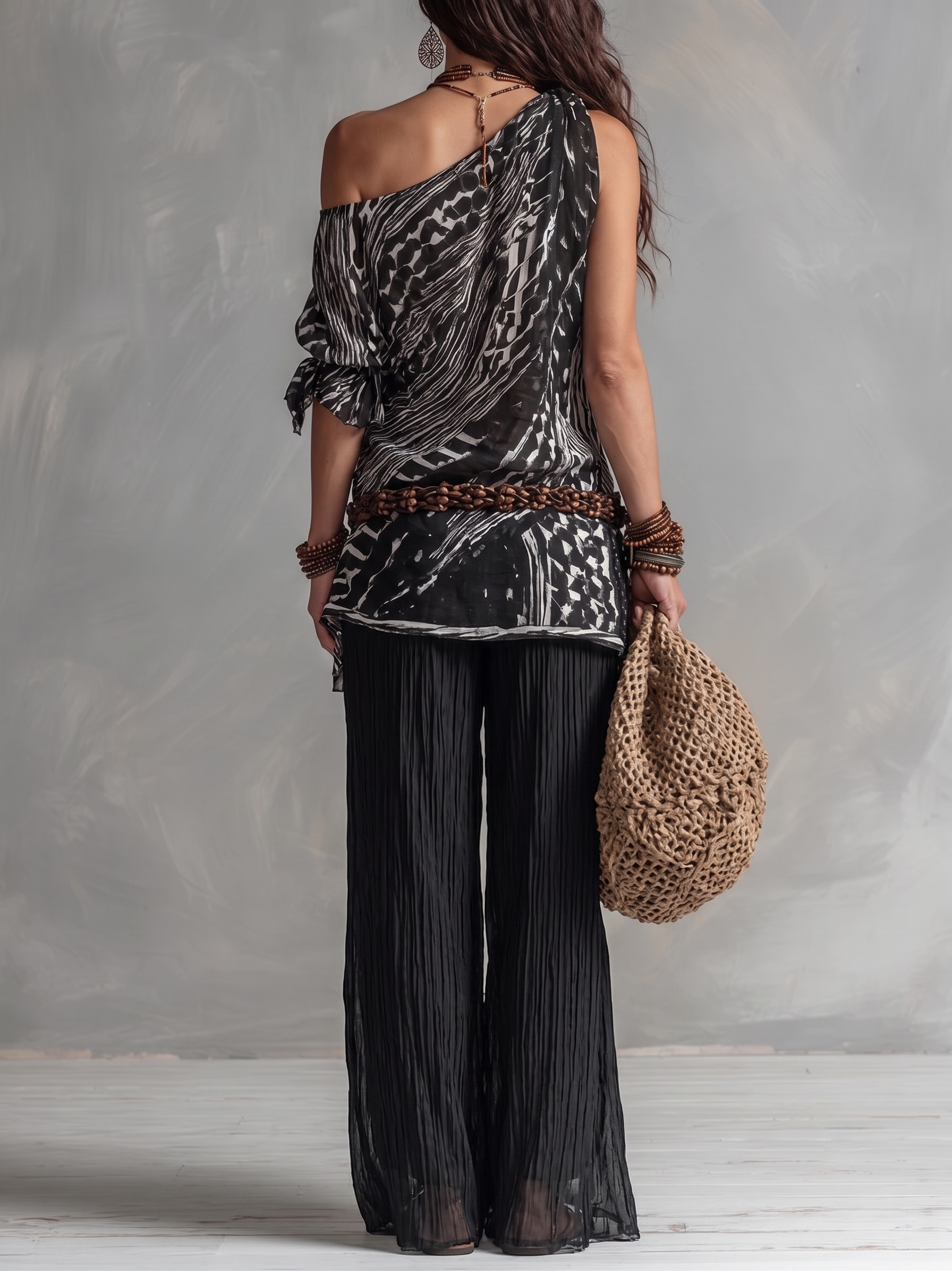 Off-the-shoulder Black White Printed Top And Black Pleated Wide-leg Pants Suit(without belt)