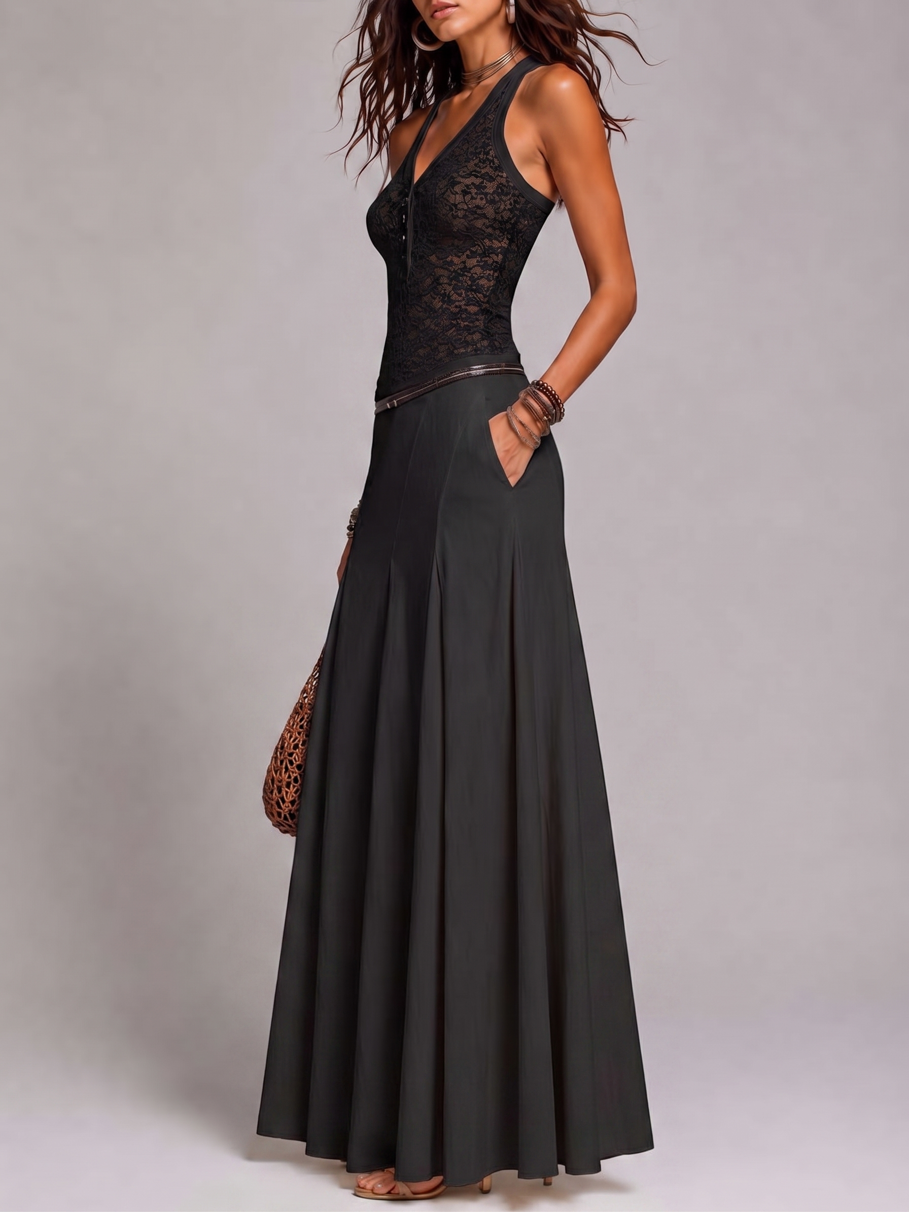 Black Lace Vest And Pleated A-line Maxi Skirt Two-piece Set(with belt)