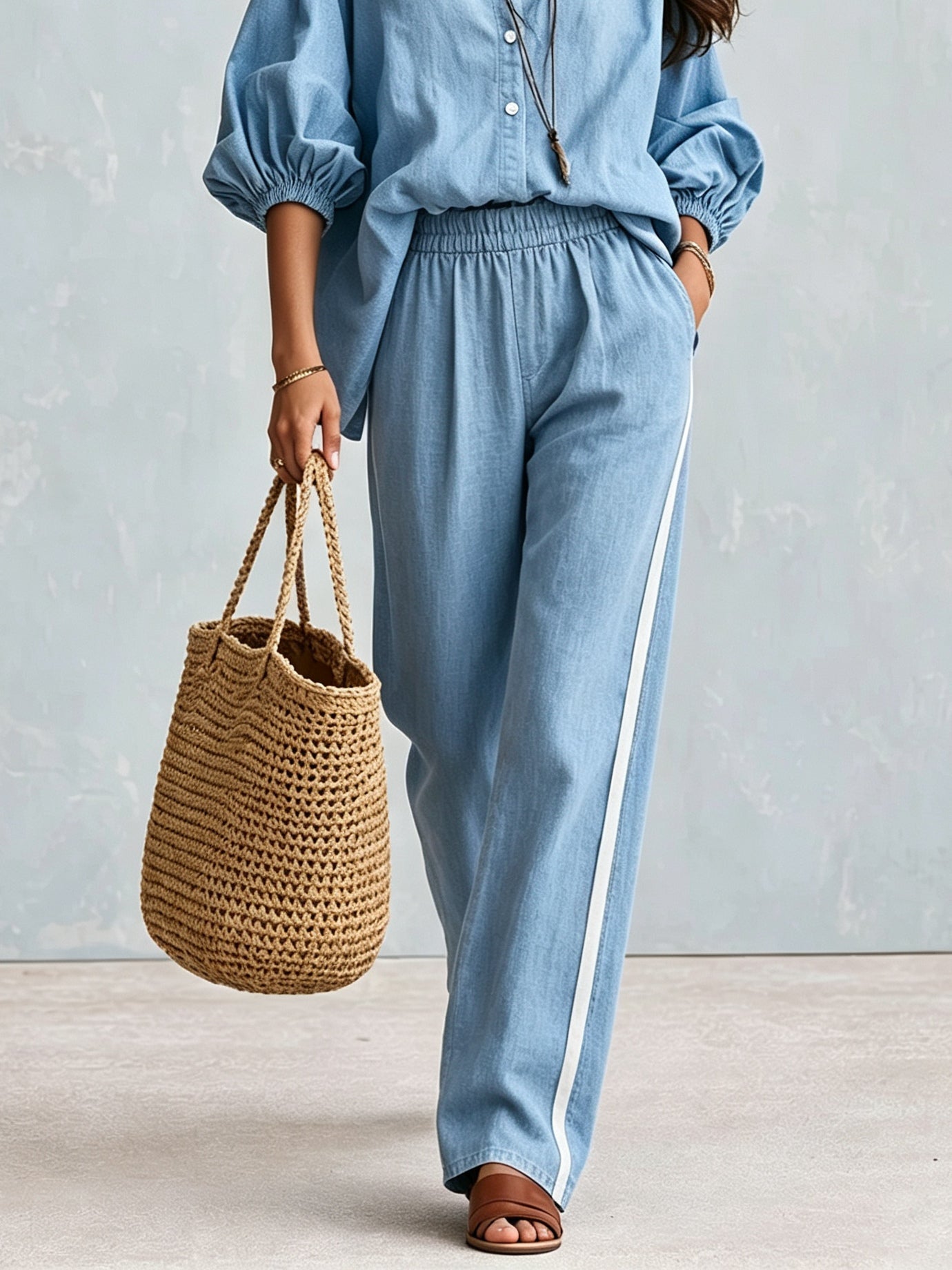 Blue Loose-fitting Shirt And Elastic Waist Wide-leg Pants Suit
