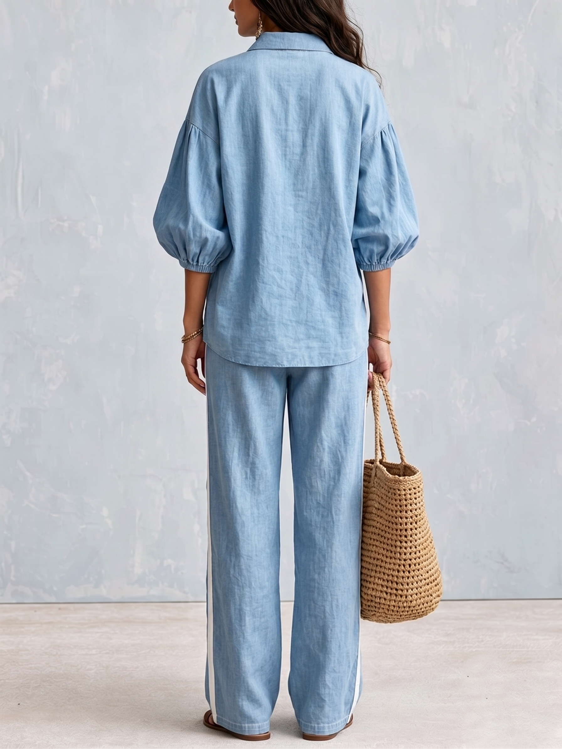 Blue Loose-fitting Shirt And Elastic Waist Wide-leg Pants Suit