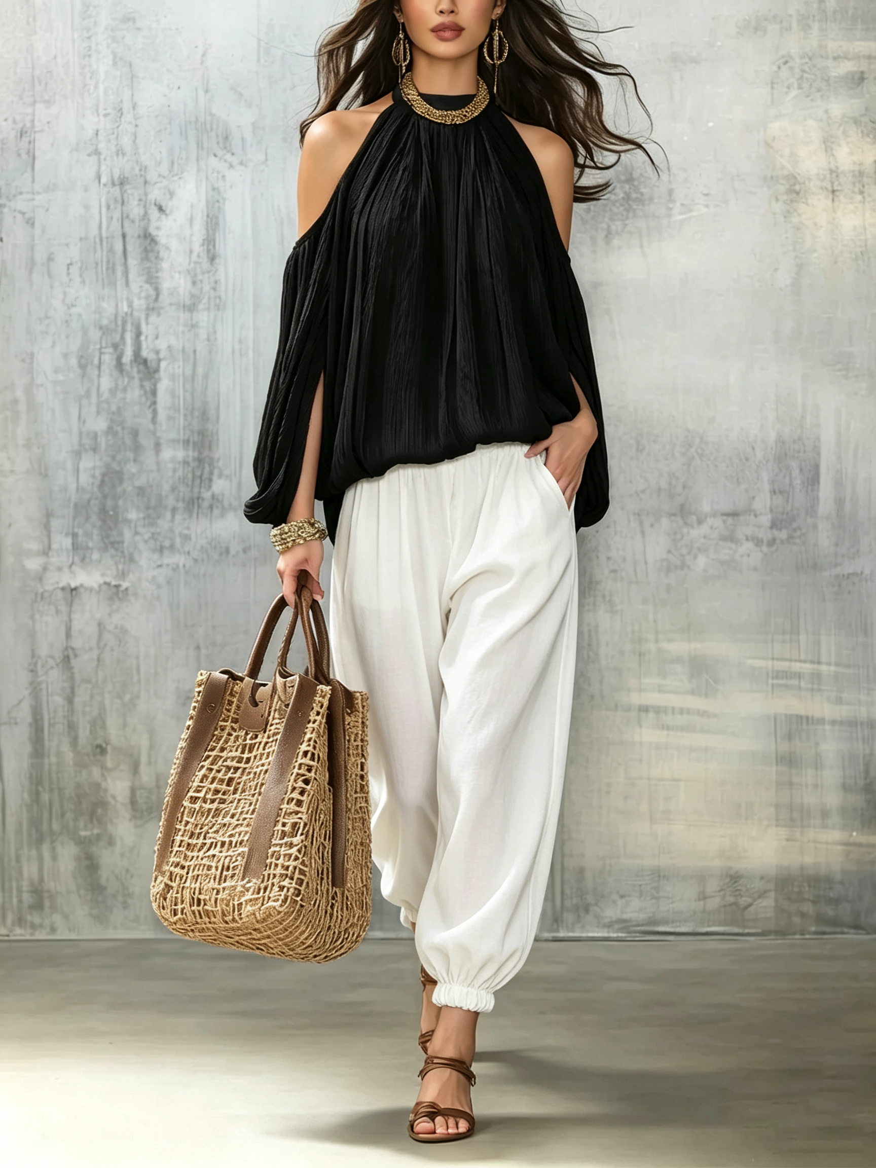 Black Pleated Off-shoulder Top And Loose-fitting Lantern Pants Suit