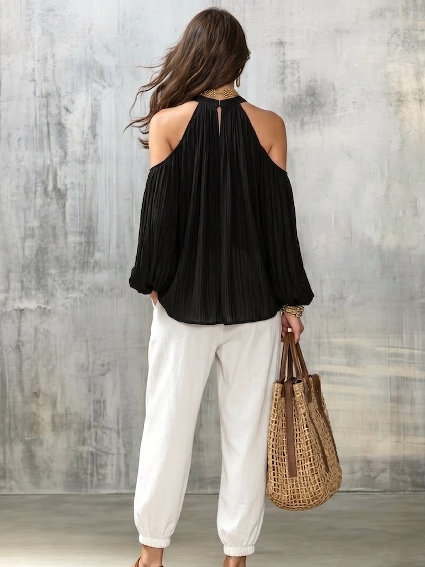 Black Pleated Off-shoulder Top And Loose-fitting Lantern Pants Suit