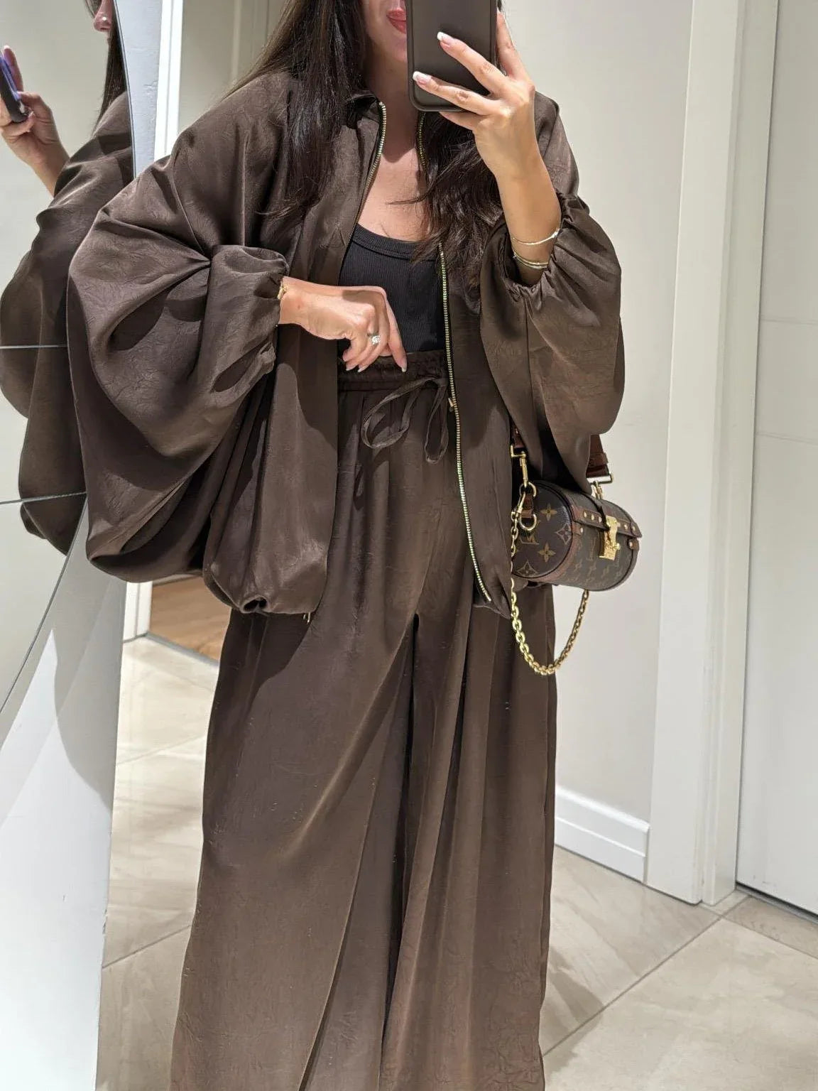 Brown Jacket + Drawstring Pants Casual Two-piece Suit