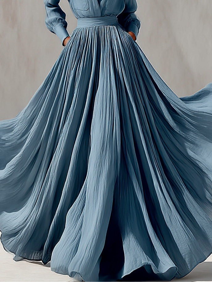 Resort-style blue collared shirt and maxi skirt set