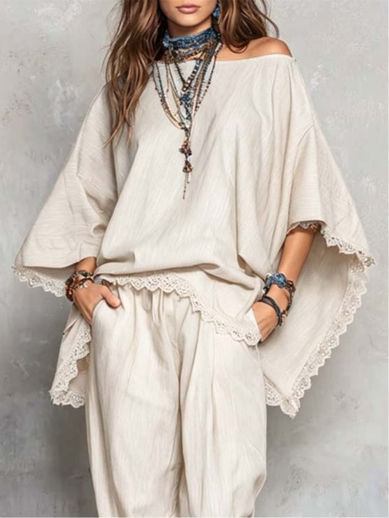 Solid-Color Casual Off-the-Shoulder Top and Pants Set