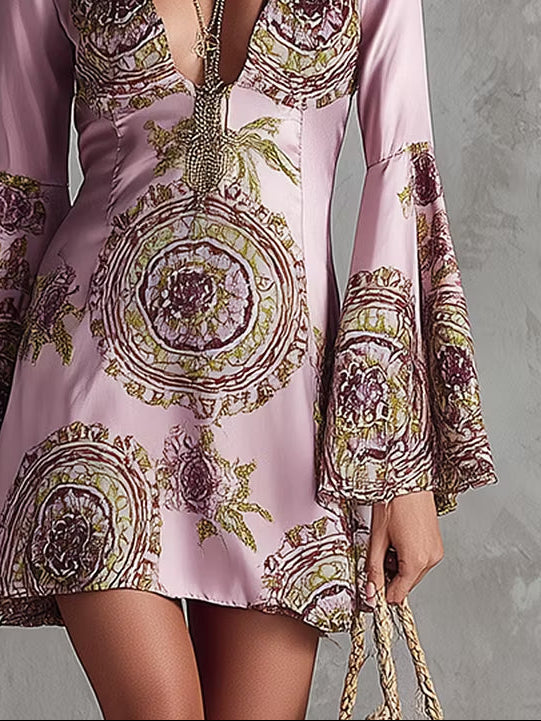 Delicate Pink And Purple Totem Print Satin Mini Dress