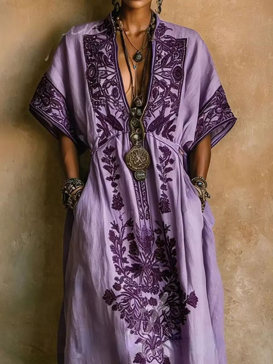 Purple printed V-neck short-sleeve loose maxi dress