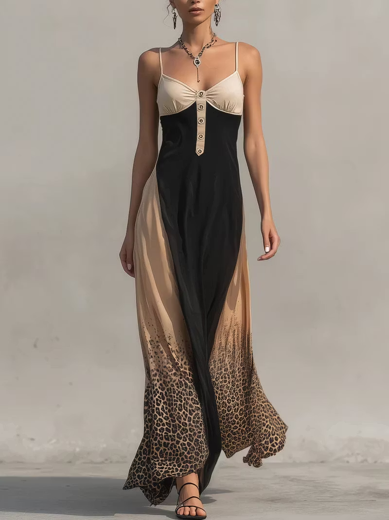 Color-block maxi camisole dress with gradient leopard print