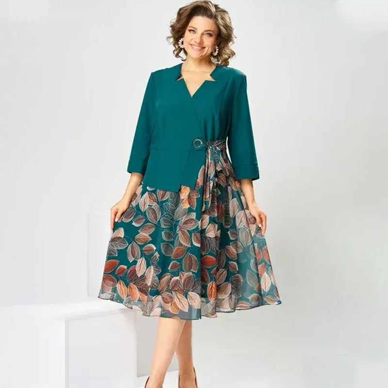 Elegant Faux Two-Piece Leaf Print Dress