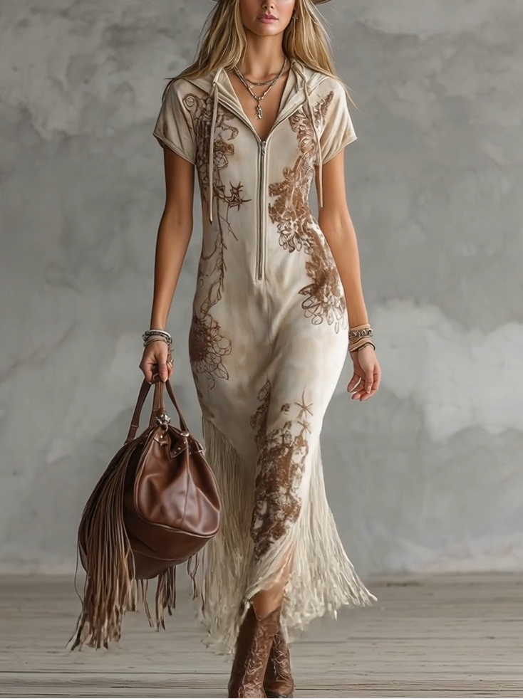 Western-style Vintage Floral Off-white Faux Suede Hooded Tassel Maxi Dress