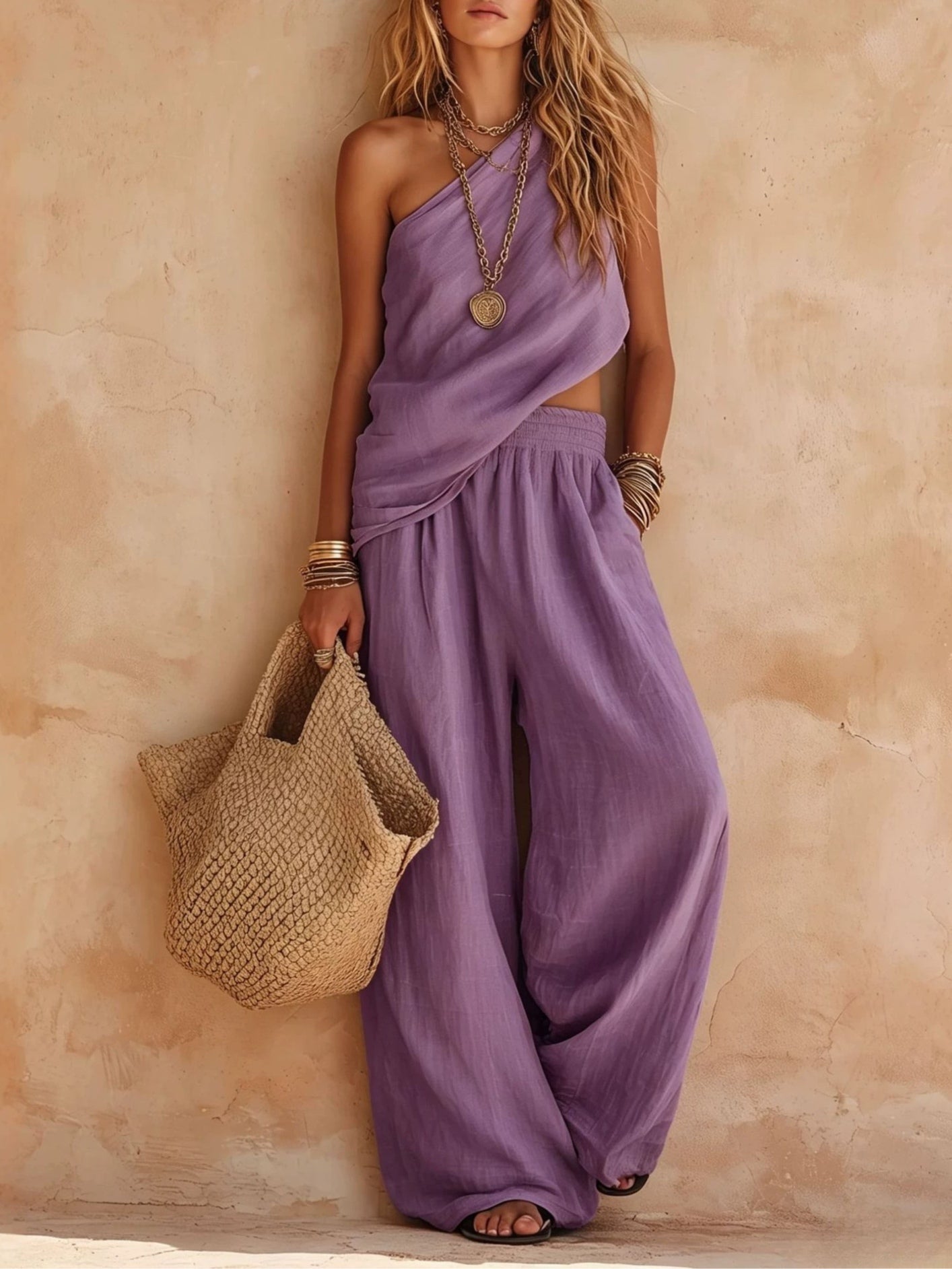 One-shoulder Sleeveless Top And Pants Casual Set